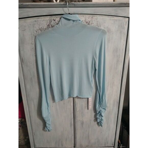 For Love And Lemons Turtleneck Ruched Sleeve Blouse Nwt Xl Sky Blue Semi-sheer - Picture 6 of 12